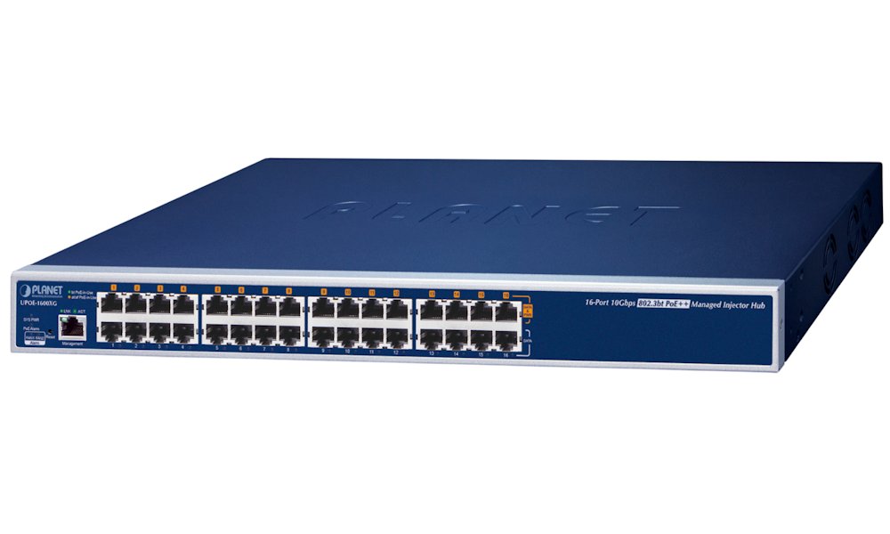 Planet UPOE-1600XG Ultra PoE++ injektor, 16 portů, 10 Gigabit, IEEE 802.3bt <600W (95W/port), scheduler+watchdog