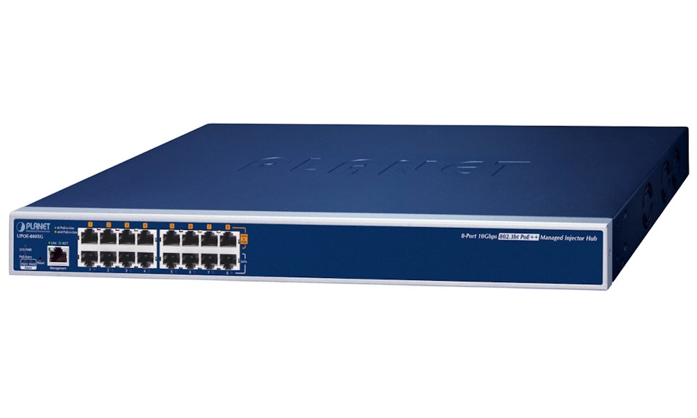 Planet UPOE-800XG Ultra PoE++ injektor, 8 portů, 10 Gigabit, 802.3bt <400W (95W/port), scheduler+watchdog