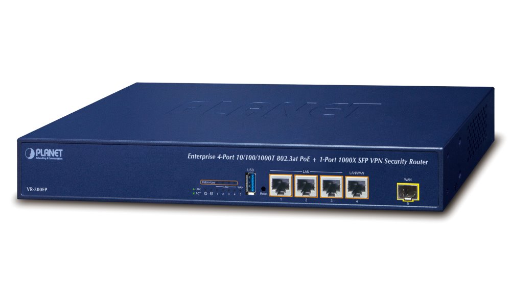 PLANET VR-300FP Enterprise router/firewall VPN/VLAN/QoS/HA/AP kontroler, 2x WAN (SD-WAN), 3x LAN, 1x SFP, 4x PoE 802.3a