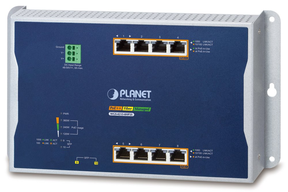 Planet WGS-4215-8HP2S nástěnný L2/L4 PoE switch, 8x1Gb+2xSFP,extend mód 10Mb, PoE802.3bt 360W, -40~75°C,48-56VDC,fanles