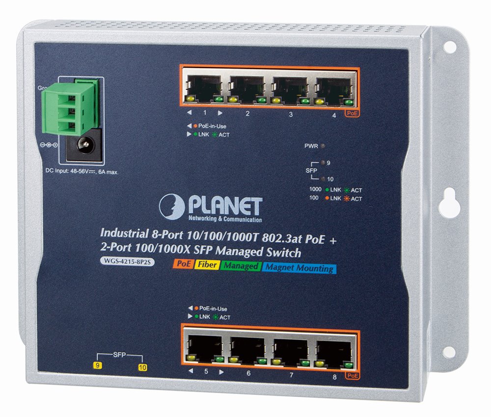 Planet WGS-4215-8P2S nástěnný PoE switch 8x1000B-T,2x SFP, Web/SNMP, 802.3at <200W,-40~75°C, fanless