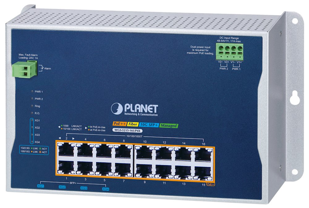 Planet WGS-5215-16UP4X plochý L2 switch, 16x1GbE 802.3bt 720W, 4x 10 Gbit SFP+, 48-54VDC, -40~75°C, IP30, fanless
