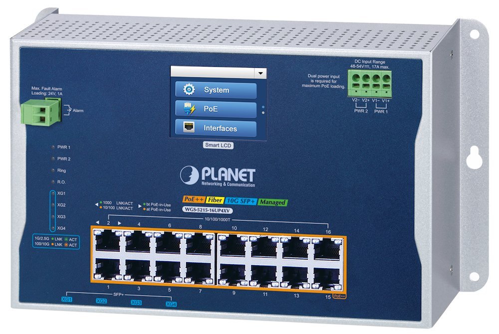 Planet WGS-5215-16UP4XV plochý L2 switch, 16x1GbE 802.3bt 720W, 4x 10 Gbit SFP+, 48-54VDC, -20~70°C, IP30, Displej