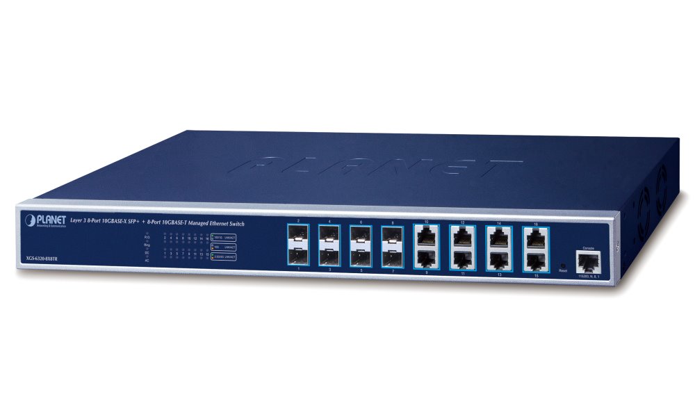 Planet XGS-6320-8X8TR L3 switch, 8x 10G SFP+, 8x 10G RJ-45, L3 RIP/OSPF, ERPS ring, QoS, 2x power-in