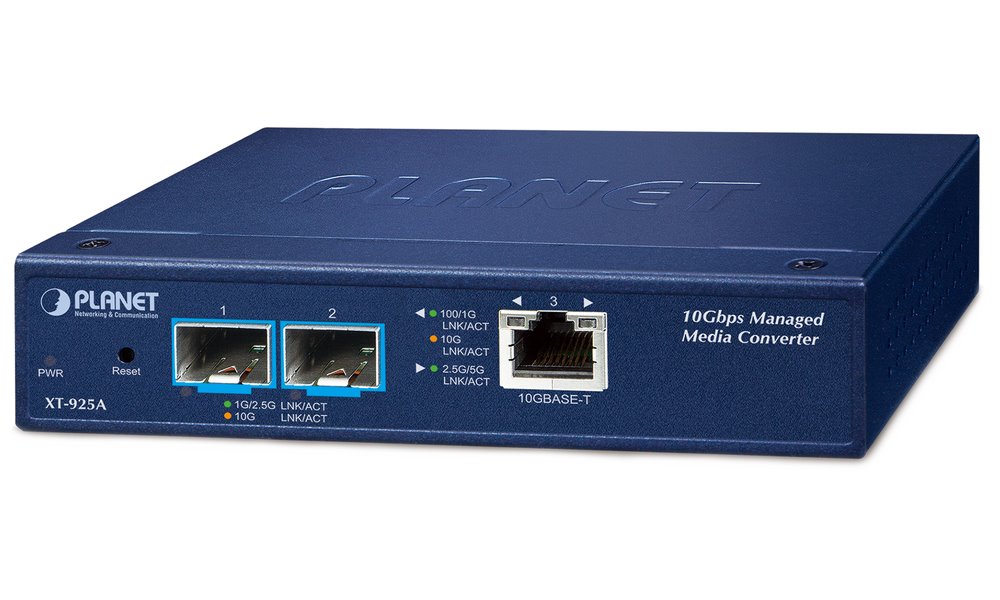 Planet XT-925A průmyslový konvertor, 1x10GBase-T - 2x10GBase-X SFP+, 0~50°C, DIN