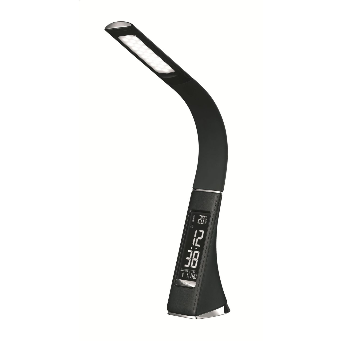 Platinet PDLU3B stolní LED lampa stmívatelná, flexibilní rameno, hodiny, černá PLADLU3B
