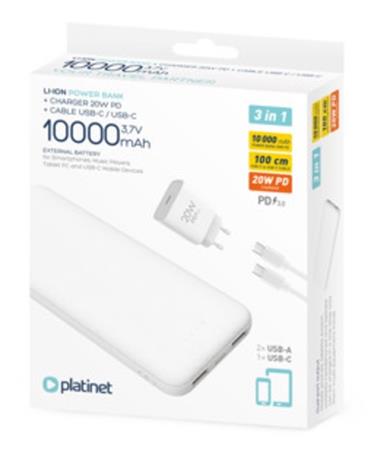 PLATINET POWER BANK 10000 mAh + PD CHARGER 20W + USB-C kabel bílá PMPB10SETW