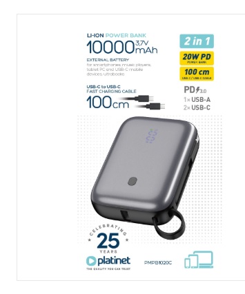 PLATINET POWER BANK COMPACT 10000 MAH 20W PD WITH CABLE PMPB1020C