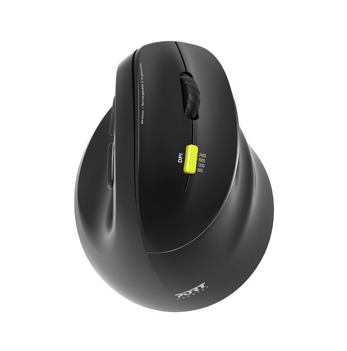PORT CONNECT Ergo Shape, bezdrátová dobíjecí myš, USB-A/Bluetooth, 2.4GHz, pravoruká, 2400DPI, čern 3567049100070