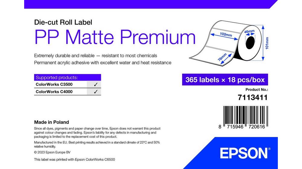 PP Matte Label Premium, 102mm x 76mm, 365 Labels 7113411