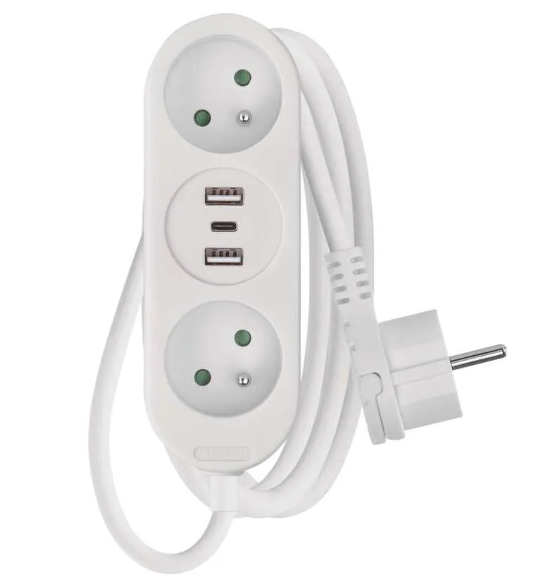 Predlžovací kábel 2 m / 2 zásuvky+2×USB A+1×USB C / biely / PVC / 1 mm2 8592920129562