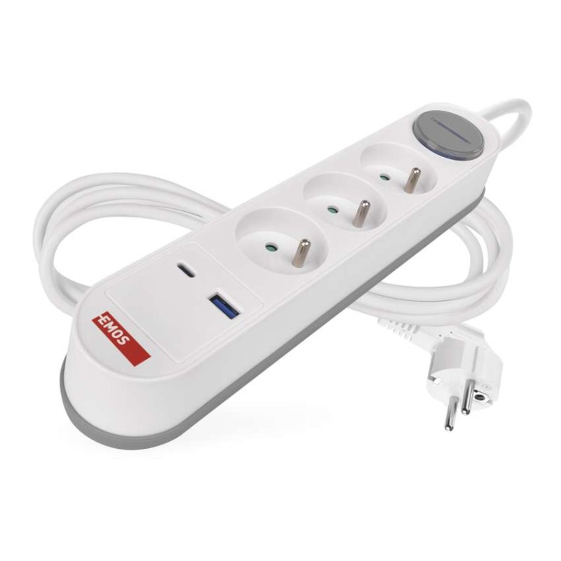 Predlžovací kábel 2 m / 3 zásuvky / s vypínačom / biely / 1×USB-A + 1×USB-C / 1,5 mm2 8592920144930