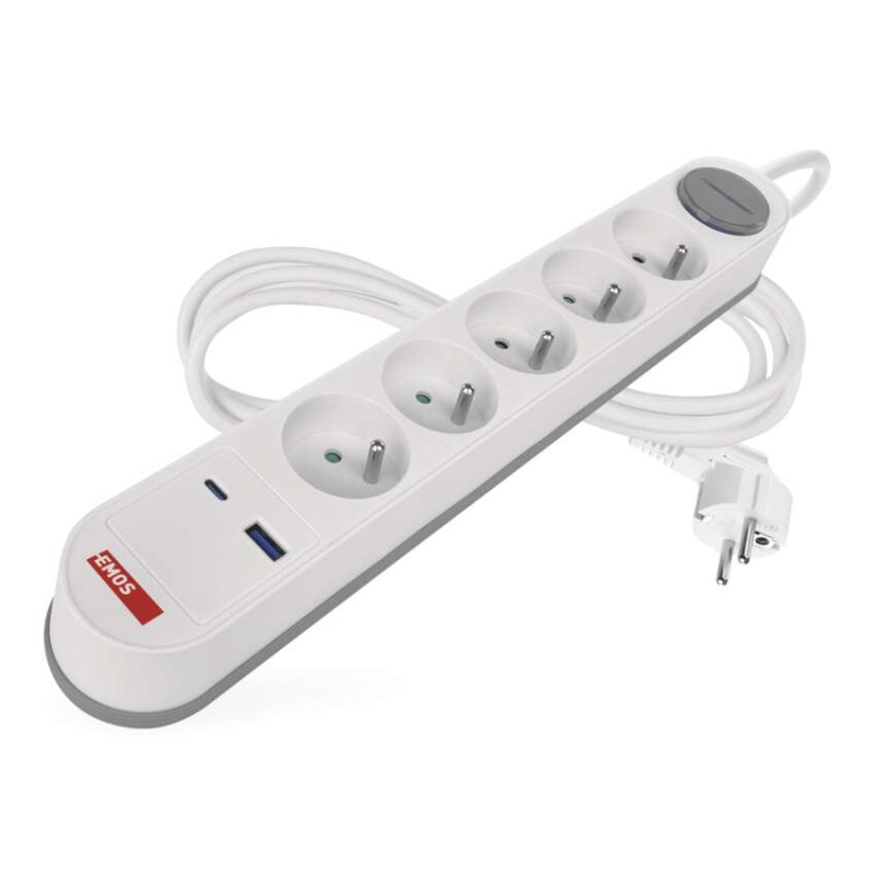 Predlžovací kábel 3 m / 5 zásuvky / s vypínačom / bielo-sivý / 1×USB-A + 1×USB-C / 1,5 mm2 8592920144992