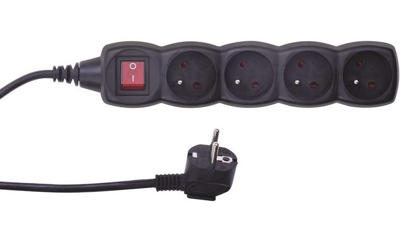 Predlžovací kábel s vypínačom – 4 zásuvky, 5m, čierny 8592920008324