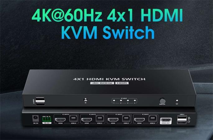 PremiumCord 4K@60Hz HDMI2.0 KVM switch 4:1 s dálkovým ovladačem khswit41e