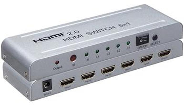 PremiumCord 4Kx2K@60Hz HDMI switch 5:1 kovový s dálkovým ovladačem a napájecím adaptérem khswit51e