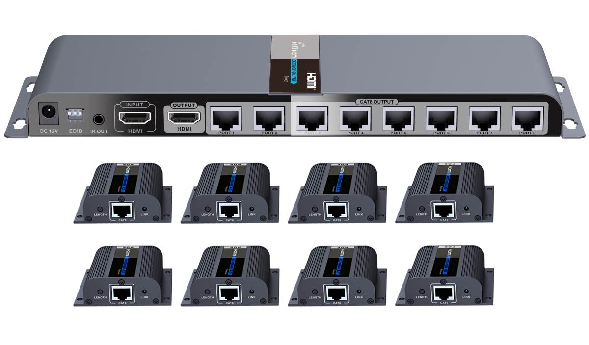 PremiumCord HDMI 1-8 splitter+extender po CAT6/6a/7, FULL HD, 3D khsplit8g