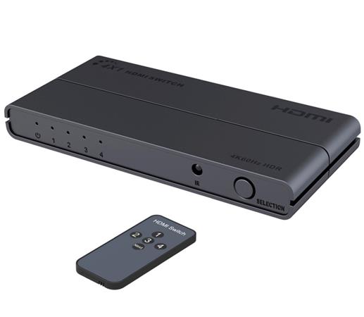 PremiumCord HDMI switch 4:1 s podporou rozlišení 4Kx2K@60Hz, 1080P, HDR, s ovládáním tlačítkem a dálkovým ovla khswit41d