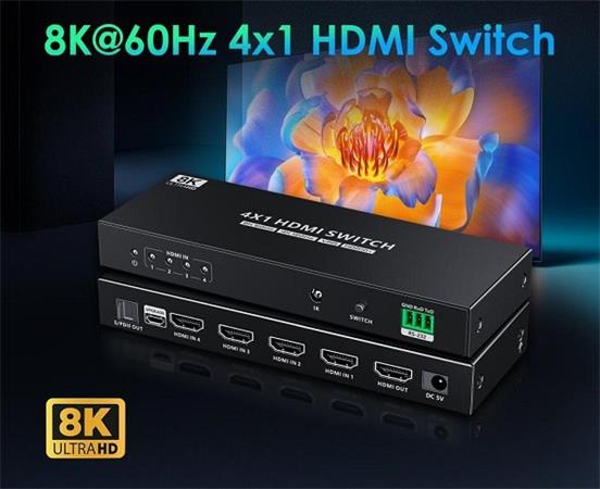 PremiumCord HDMI switch 4:1 s podporou rozlišení 8K@60Hz,4K@120Hz, 1080P, HDR, s ovládáním tlačítkem a dálkový khswit41h