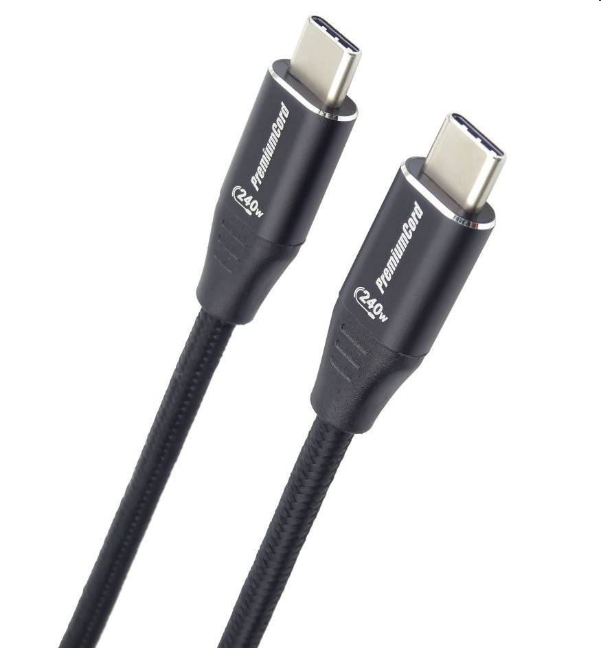 PremiumCord Kábel USB-C M/M, 5A, 240W 480Mbps cierny bavlnený oplet, 0,5m ku31cv05