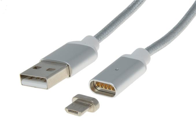 PremiumCord Magnetický micro USB 2.0, A-B nabíjecí a datový kabel 1m, stříbrný ku2m1fgs