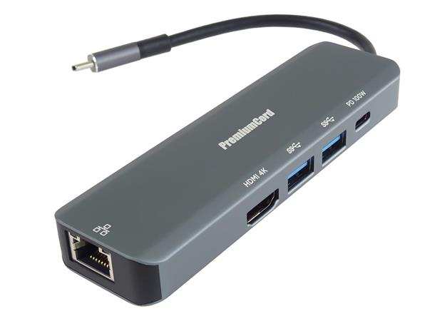 PremiumCord USB-C na HDMI + 2x USB3.2 + PD 100W+ RJ45 10/100/1000Mbps adaptér ku31dock19