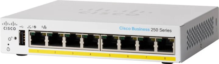 Prepínač Cisco CBS250-8PP-D, 8xGbE RJ45, bez ventilátora, 45 W, PoE CBS250-8PP-D-EU-RF