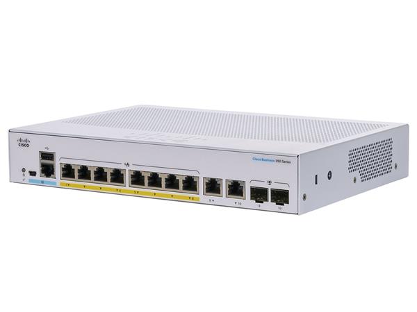 Prepínač Cisco CBS350-8FP-E-2G-UK, 8xGbE RJ-45, 2xGbE RJ-45/SFP, bez ventilátora, PoE+, 120W - REF CBS350-8FP-E-2G-EU-RF