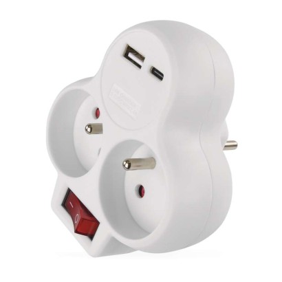 Rozbočovacia zásuvka 2×, vyp., 1×USB-A+1×USB-C, biela 8592920140000