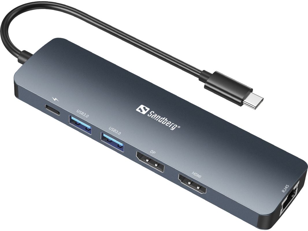 Sandberg USB-C 8K Display Dock, dokovací stanice HDMI, DisplayPort, 2xUSB 3.0, USB-C PD 100W, RJ45 5705730136436