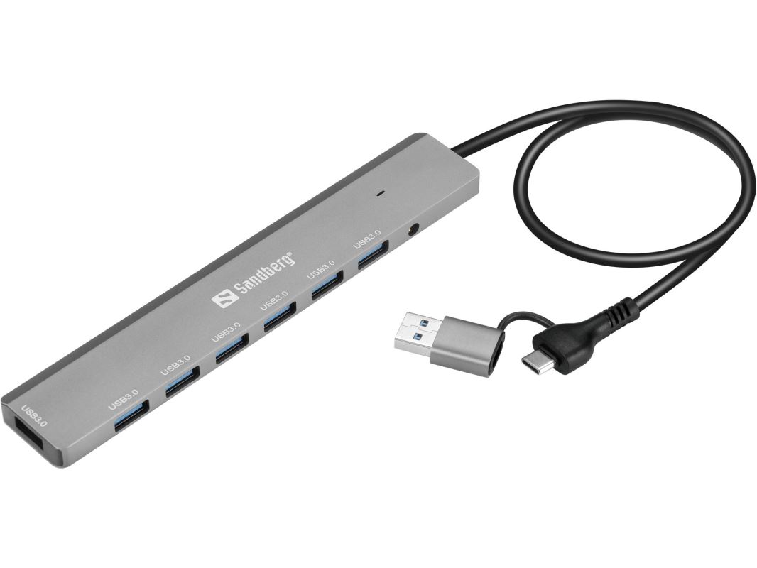 Sandberg USB-C/A na 7× USB-A Hub, hliníkový rozbočovač se 7× USB 3.0 porty, černá 5705730136665