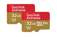 SanDisk Extreme microSDHC 32GB - Twin Pack - 100MB/s A1 C10 V30 UHS-I U3, Adapter for Action Sports C SDSQXAF-032G-GN6AT
