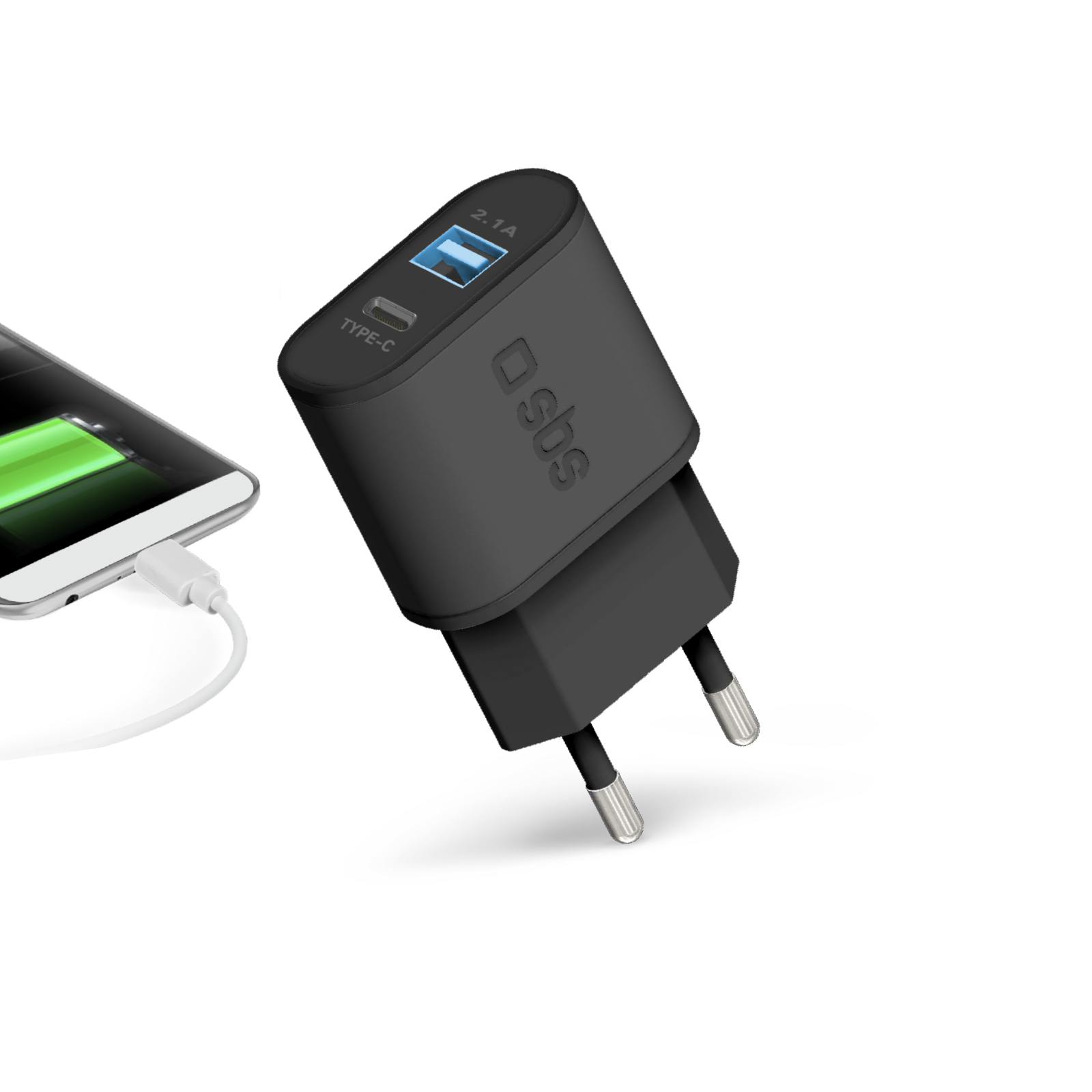 SBS - Cestovný adaptér s ultra rýchlym nabíjaním USB/USB-C, 2.1A/3A, 100/250V, čierna TETRUSBTC3AUL