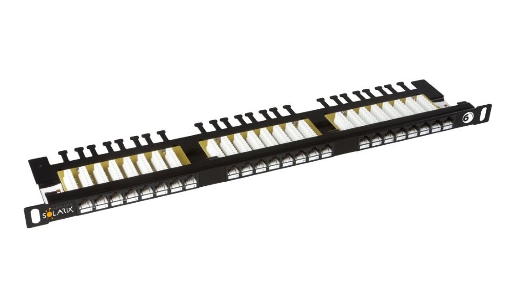 Solarix 19" Patch panel 24xRJ45 CAT6 UTP s vyvaz.lištou černý 0,5U, SX24HD-6-UTP-BK 24000146