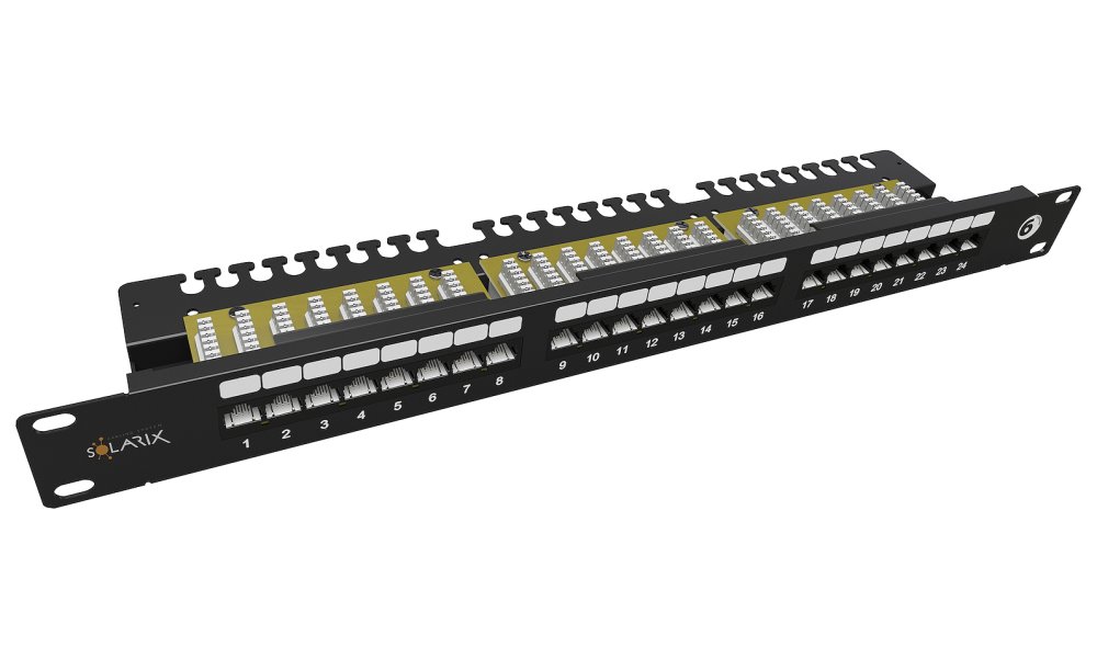 Solarix Patch panel Solarix 24 x RJ45 CAT6 UTP s vyvazovací lištou 1U SX24L-6-UTP-BK-N