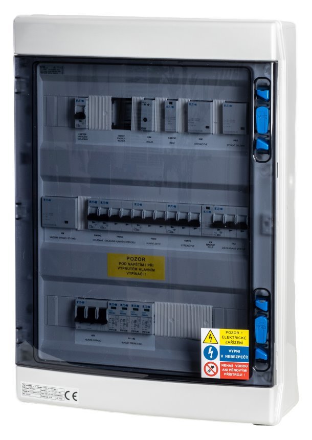 Solarmi AC40 osazený rozvaděč pro fotovoltaiku, jističe, chránič, 10kW 3f, plný automatický backup, 40A R-FVE-AC40