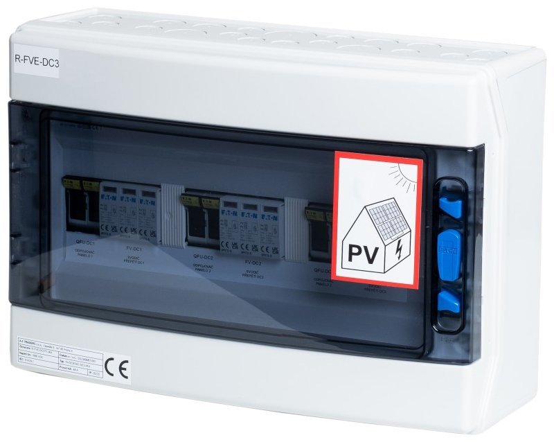 Solarmi DC3 osazený rozvaděč pro fotovoltaiku, 3x svodič, 3x odpojovač, pojistky, 3x15A, 1000V, R-FVE-DC3