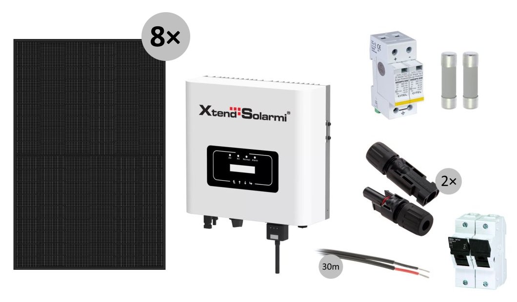 Solarmi GridFree 3000M solární elektrárna: 3kW síťový měnič s limiterem + 8x 465Wp solární panel GF3000M