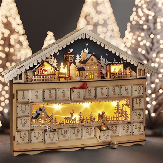 Solight LED adventný kalendár - horská chata, 10x LED, 50x40cm, 2x AA 1V258