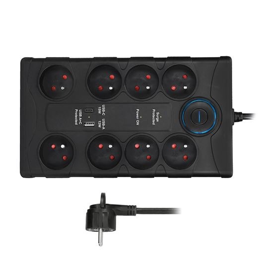 Solight prepäťová ochrana, 8z, USB A+C, 2m, čierna PO80B