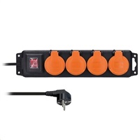 Solight prodlužovací přívod IP44, 4 zásuvky, gumový kabel, vypínač, venkovní, 5m PP332