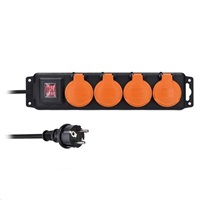 Solight prodlužovací přívod IP44, 4 zásuvky, gumový kabel, vypínač, venkovní, 5m PP333