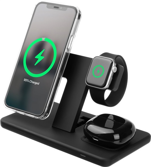 Stojanček FIXED MagPowerstation s bezdrátovým nabíjením 3 v 1 a uchycení Magsafe, 15W + 15W + 15W, černý FIXMPOS-BK