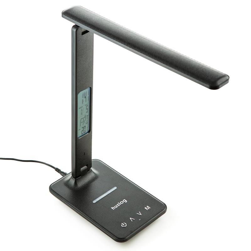 Stolní LED lampička Huslog černá s displejem a bezdrátovou nabíječkou KAT00073