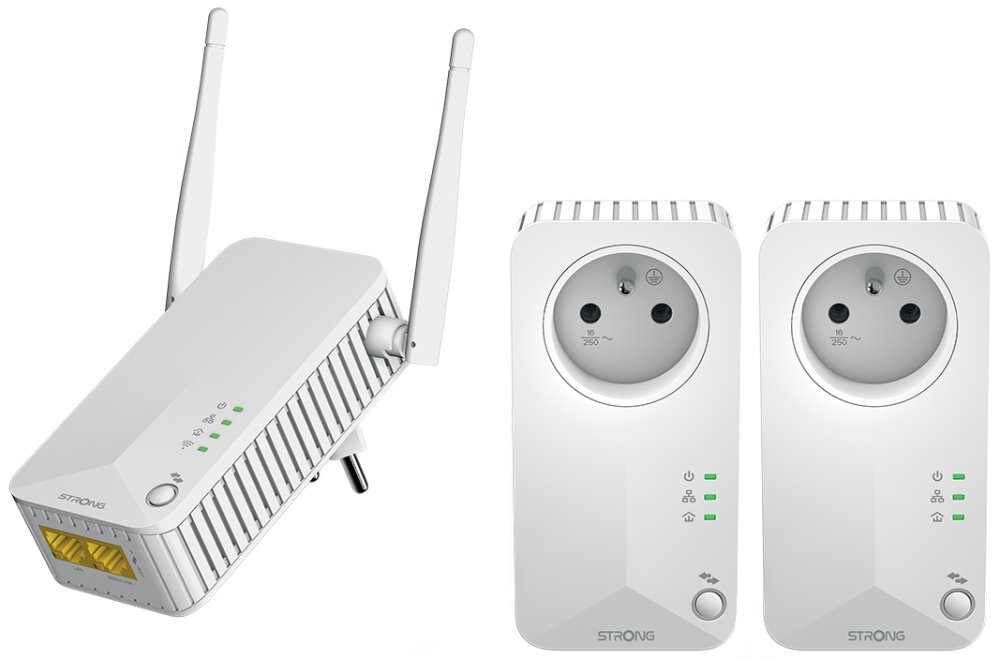 STRONG sada 3 adaptérů Powerline WF 600 TRI FR/ Powerline 600 Mbit/s/ Wi-Fi 300 Mbit/s/ 2x LAN/ bílý PLWF600TRIFR