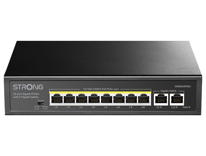 STRONG switch SW8010POE+/ 8x port Gigabit POE+/ 2x Ggabit Uplink port/ IEEE802.3af/at/ kovové šasi/ černý