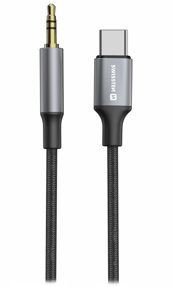 SWISSTEN AUDIO ADAPTÉR TEXTILE USB-C (samec) / 3,5 mm JACK (samec) 1,5M ČERNÝ (nahrazuje 73501303) 73502309