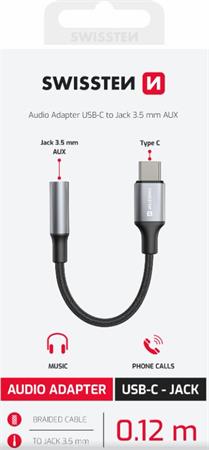 SWISSTEN AUDIO ADAPTÉR TEXTILE USB-C (samec) / 3,5mm AUX 0,15 M ČERNÝ (nahrazuje 73501301) 73502311