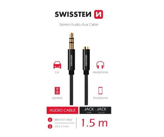 Swissten audio kabeltextile 3,5 mm jack(samec) - 3,5 mm jack (samice) 1,5 m černý 73501102