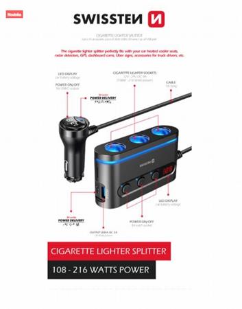 SWISSTEN AUTOADAPTÉR S VÝSTUPEM 3x CL, 2x UCB-C PD a 1x USB-A QA 3.0, 108W - 216W 20114010